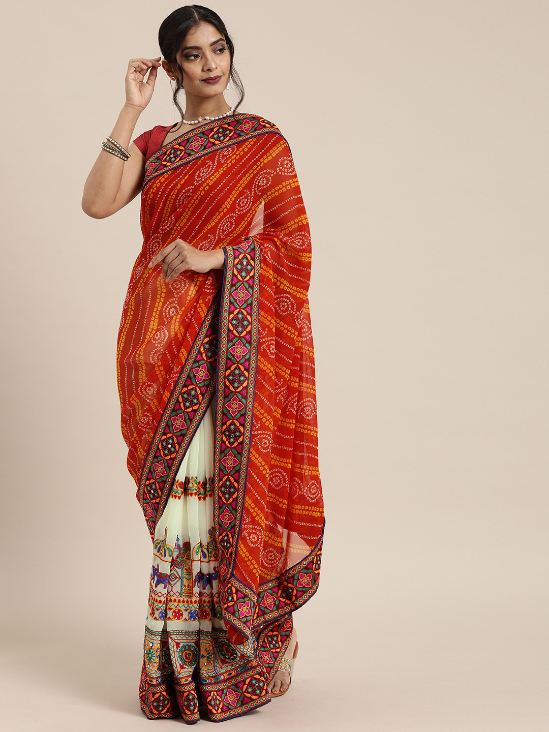 Mitera Orange & Off-White Pure Georgette Embroidered Bandhani Saree