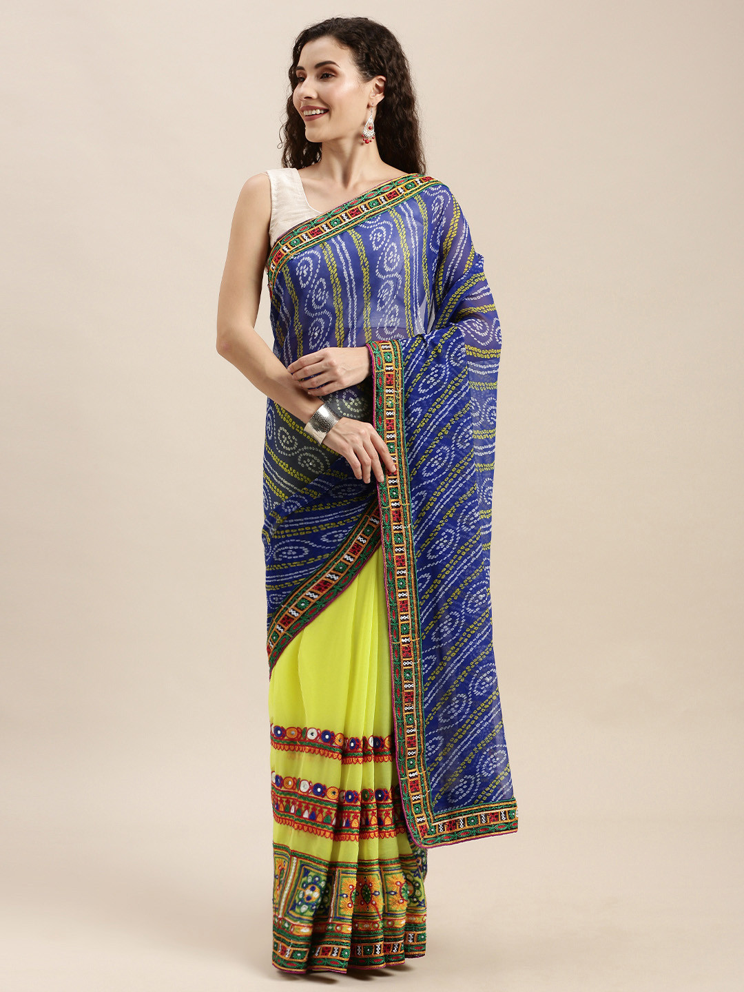 Mitera Blue & Yellow Pure Georgette Bhandhini Printed Kutchi Embroidered Saree