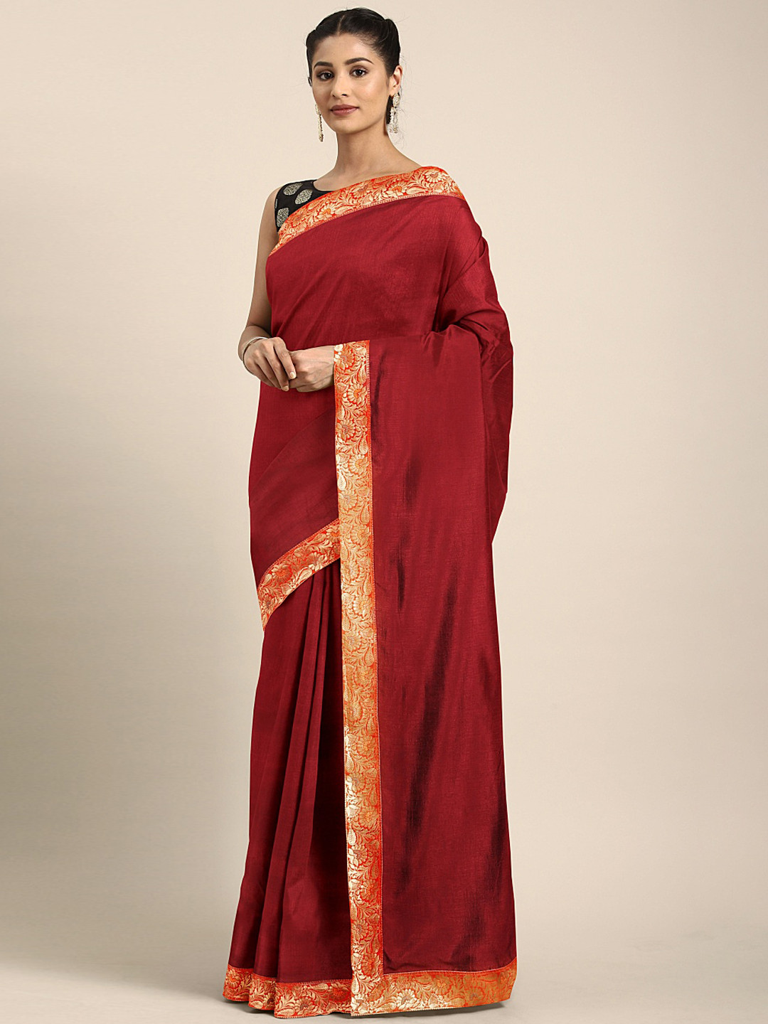 Mitera Red & Orange Poly Silk Solid Saree