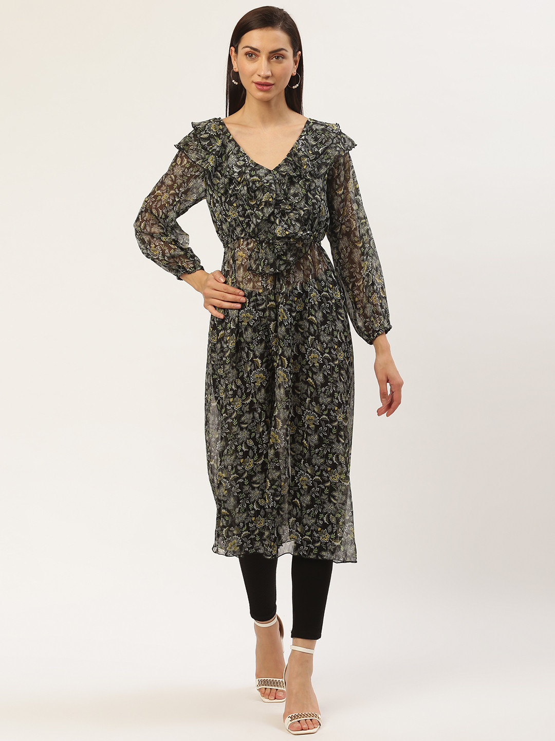 Antheaa Women Black & Green Ruffled Semi-Sheer Printed Longline Open Front Shrug
