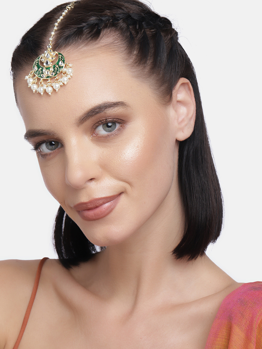 LAIDA Green Gold Plated Kundan Studded Chand Style Maangtikka