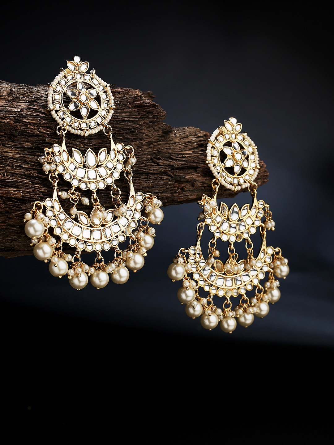 LAIDA Gold-Plated & White Kundan Studded Chandbalis