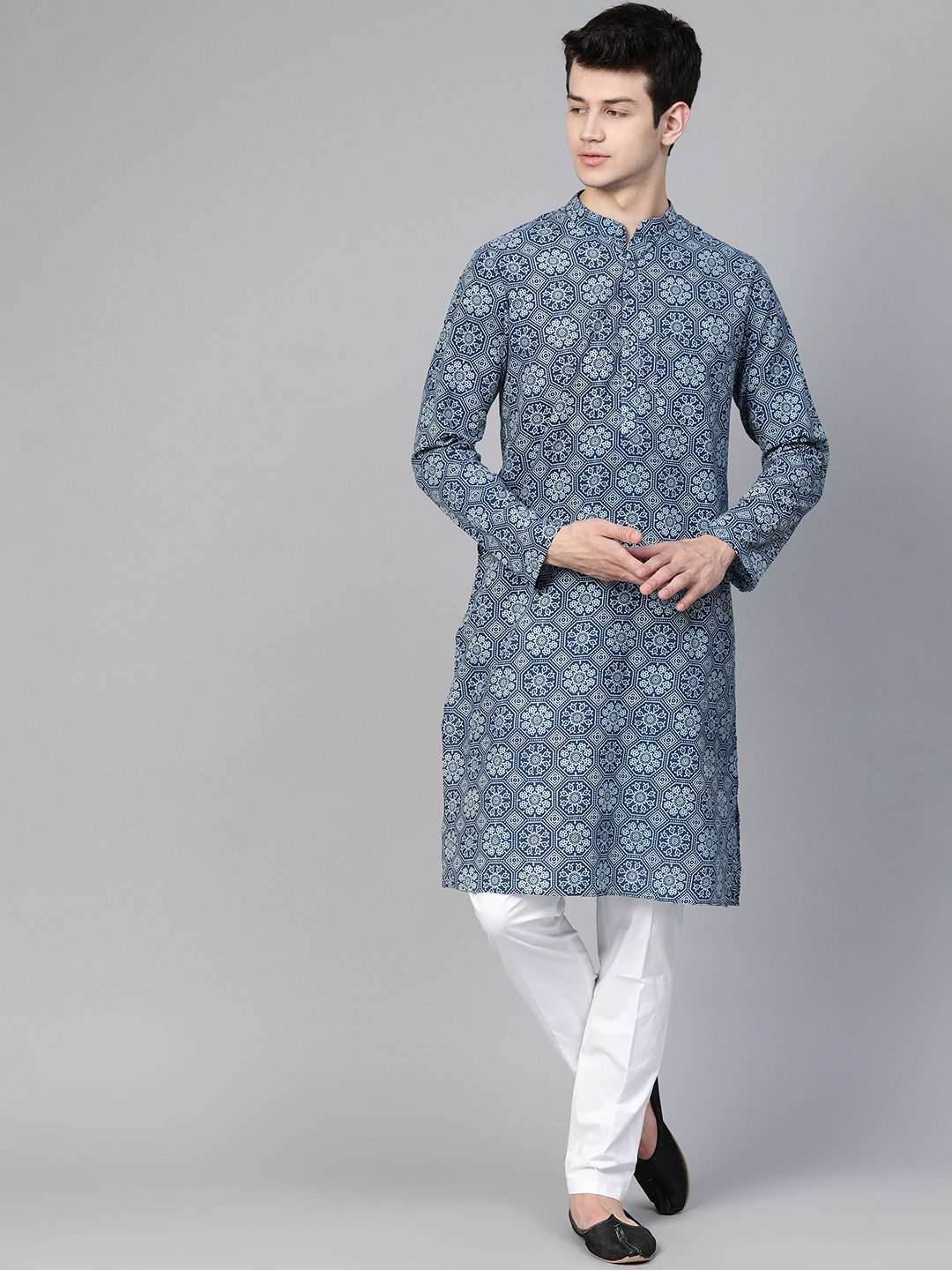 See Designs Men Navy Blue & White Handloom Handblock Print Sustainable Straight Kurta