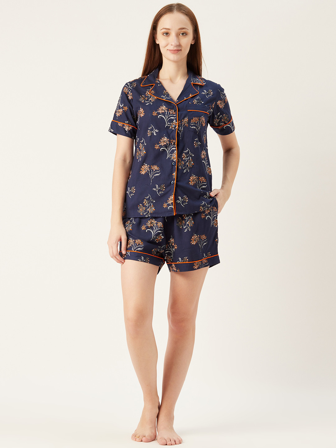 MABISH by Sonal Jain Women Navy Blue & Orange Printed Night suit