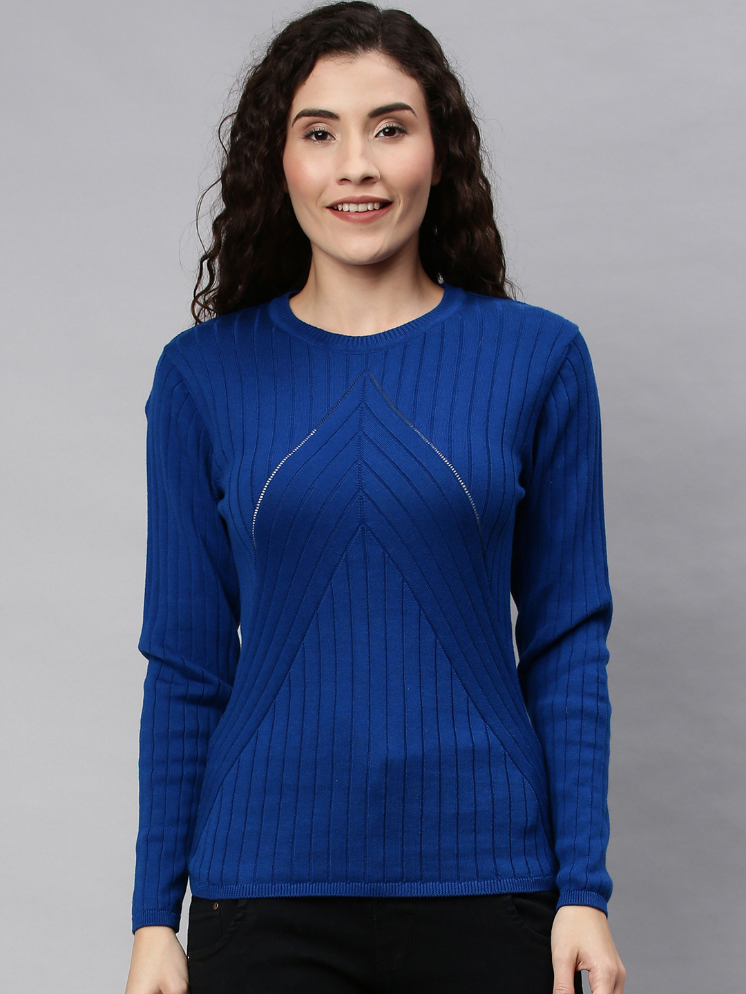ONLY Women Blue Self-Striped Cotton Pullover Sweater