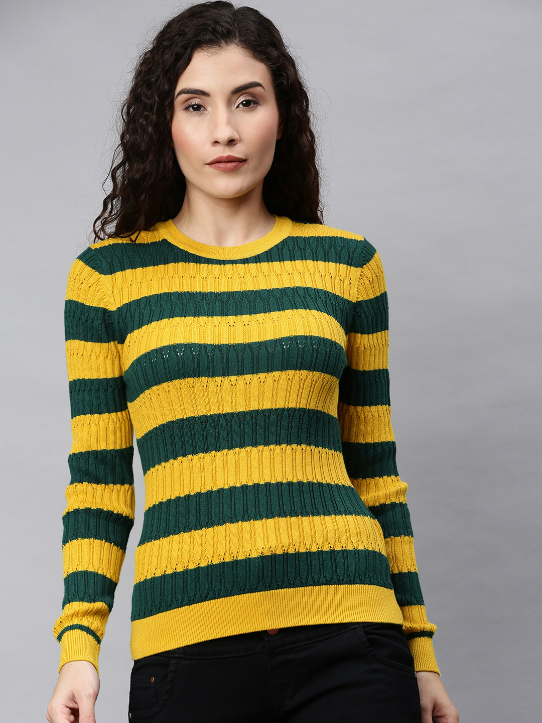 ONLY Women Mustard Yellow & Green Striped Cotton Pullover Sweater
