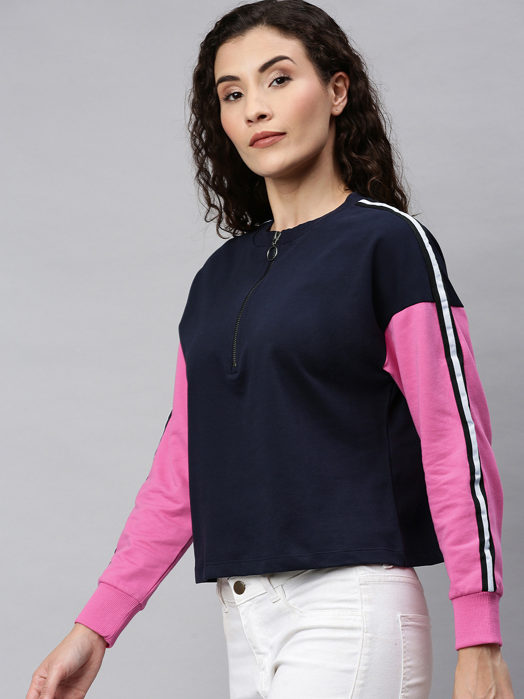 ONLY Women Navy Blue & Pink Solid Sweatshirt with Contrast Sleeves