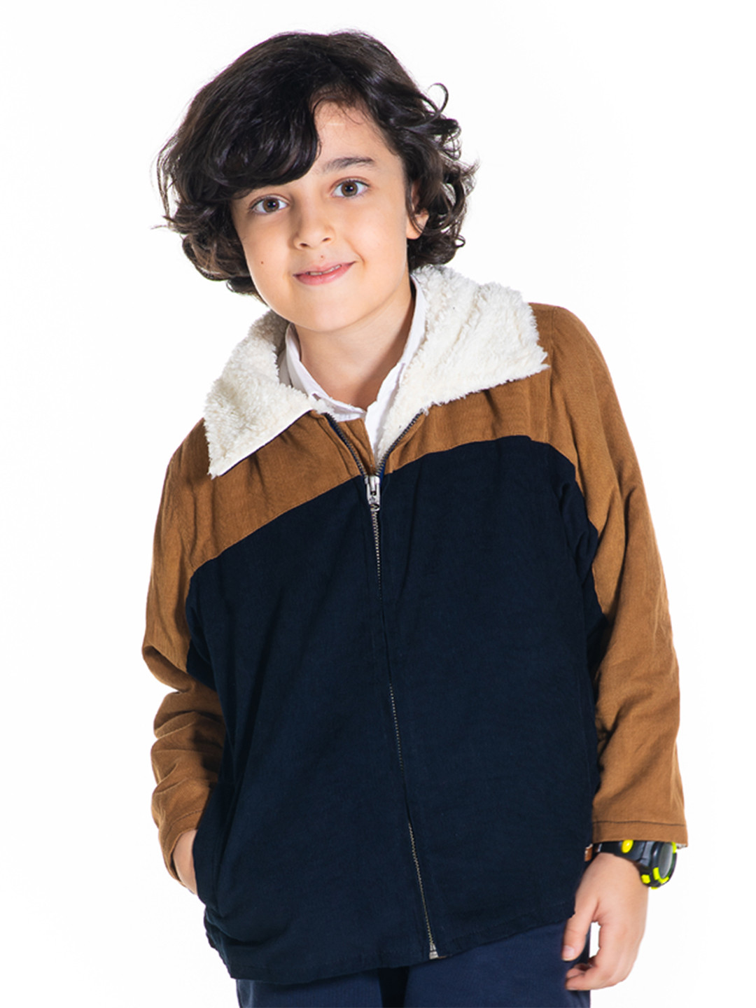 Cherry Crumble Boys and Girls Navy Blue Cut & Sew Sherpa Corduroy Jacket