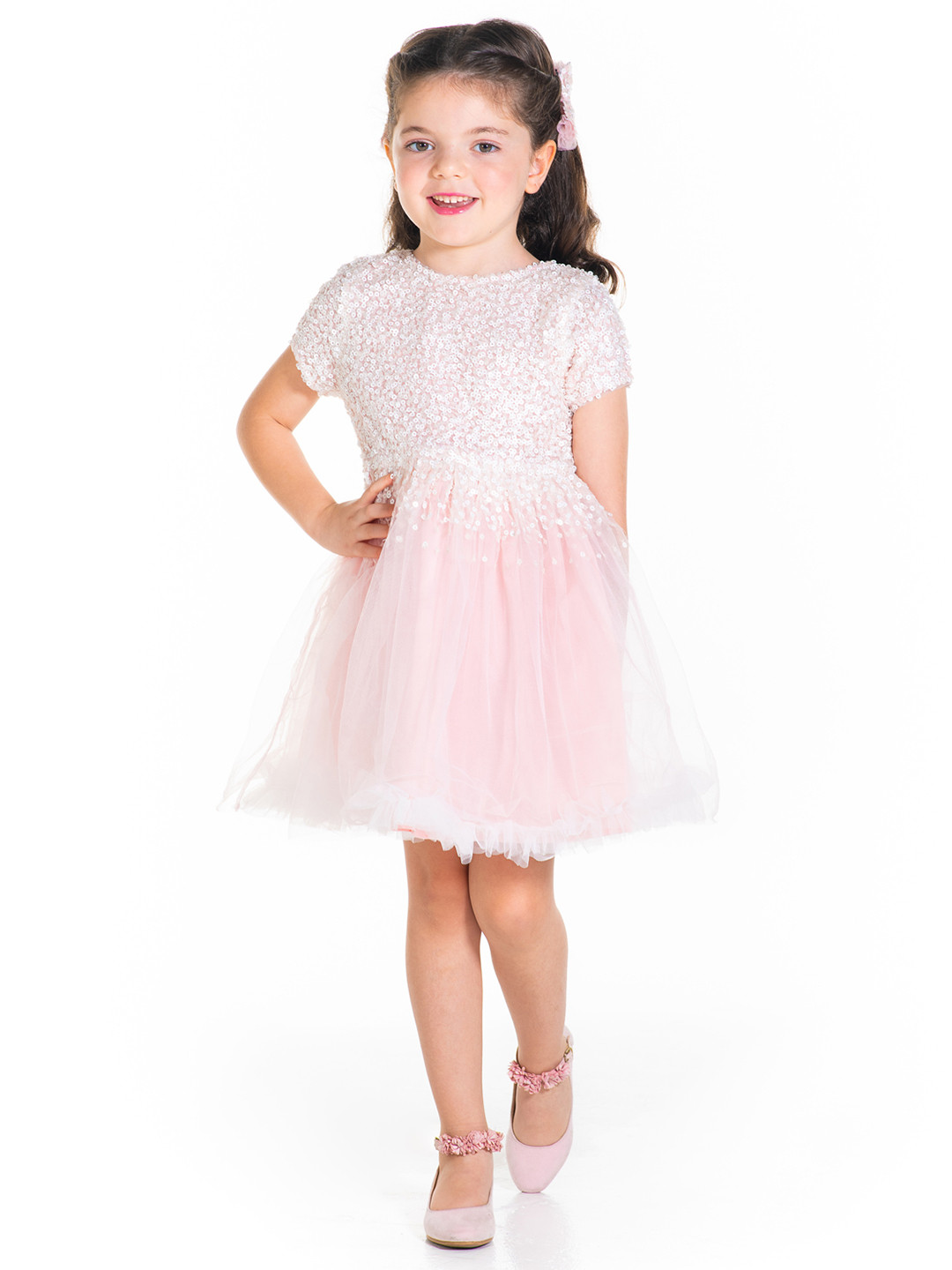 Cherry Crumble Girls Pink & White Net Sequinned Fit & Flare Dress with Alligator Hairclip