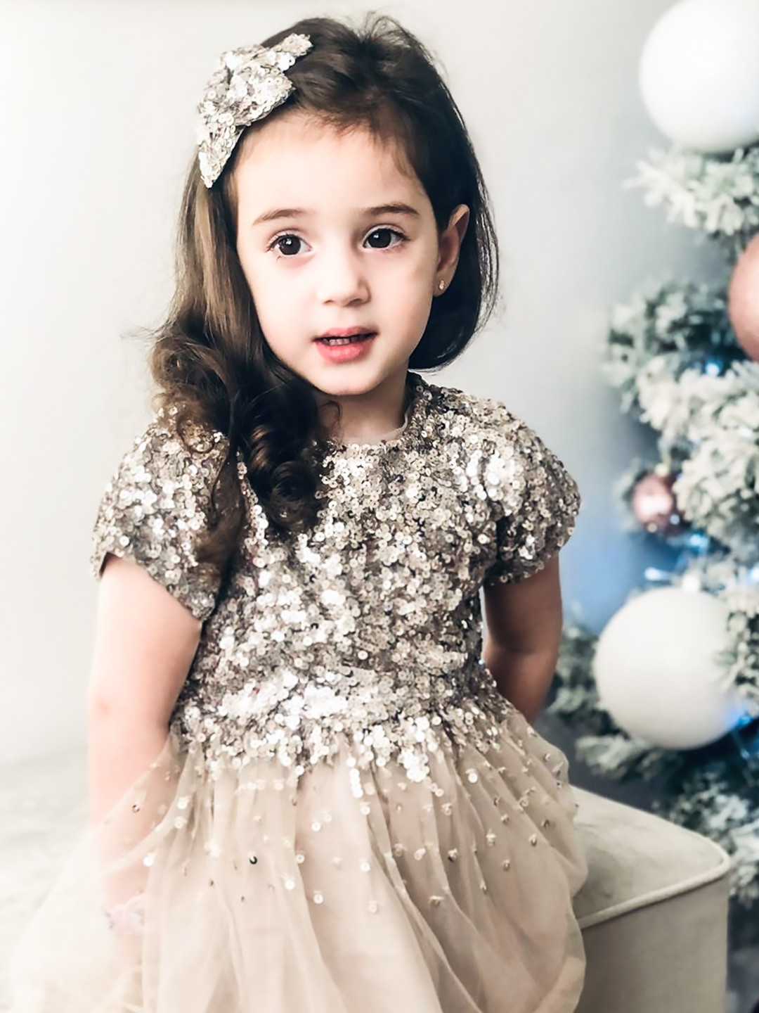 Cherry Crumble Girls Grey Net Sequinned Fit & Flare Dress with Alligator Hairclip