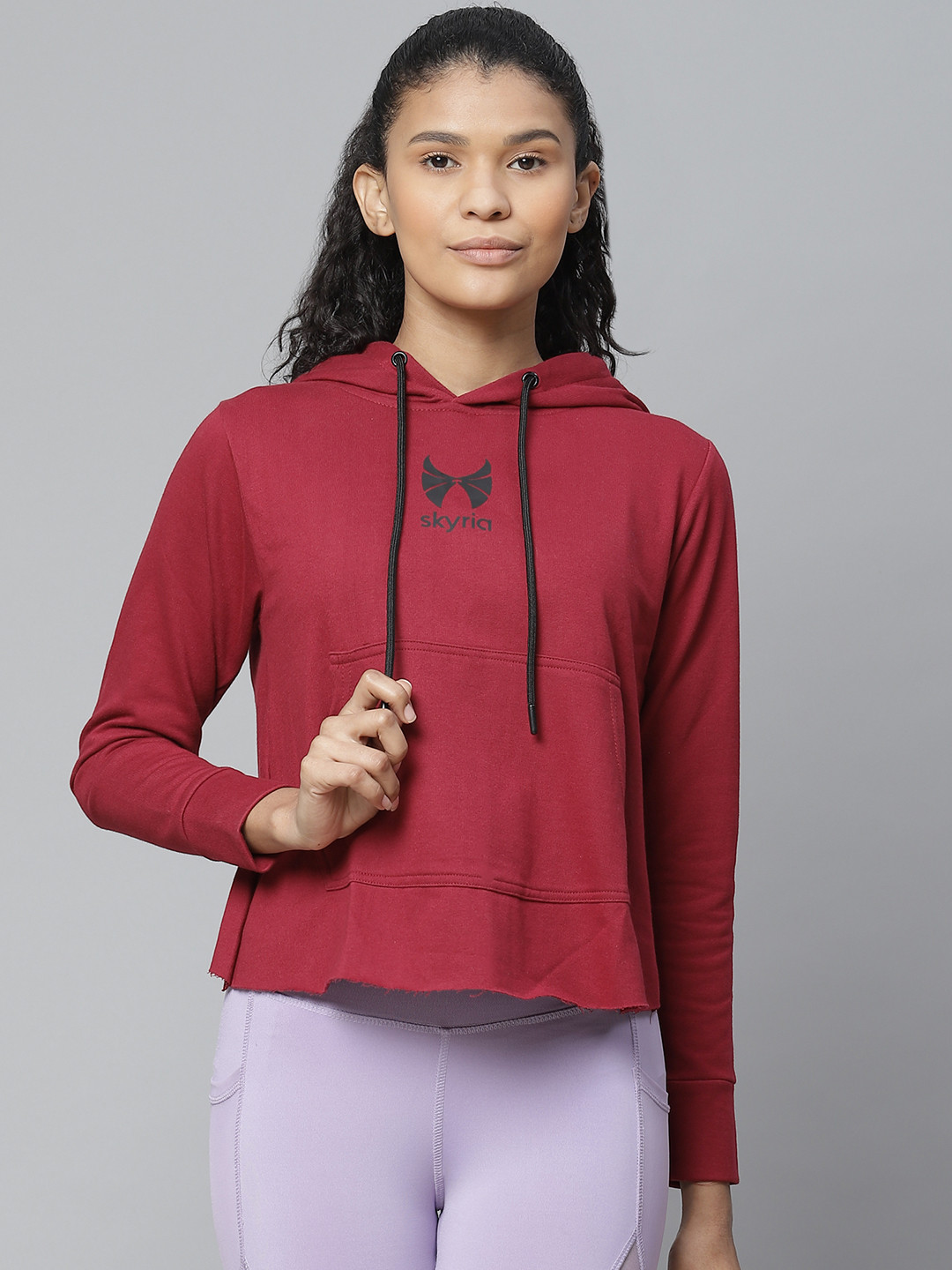 skyria Women Maroon Styled Back Solid Hooded Training Sweatshirt