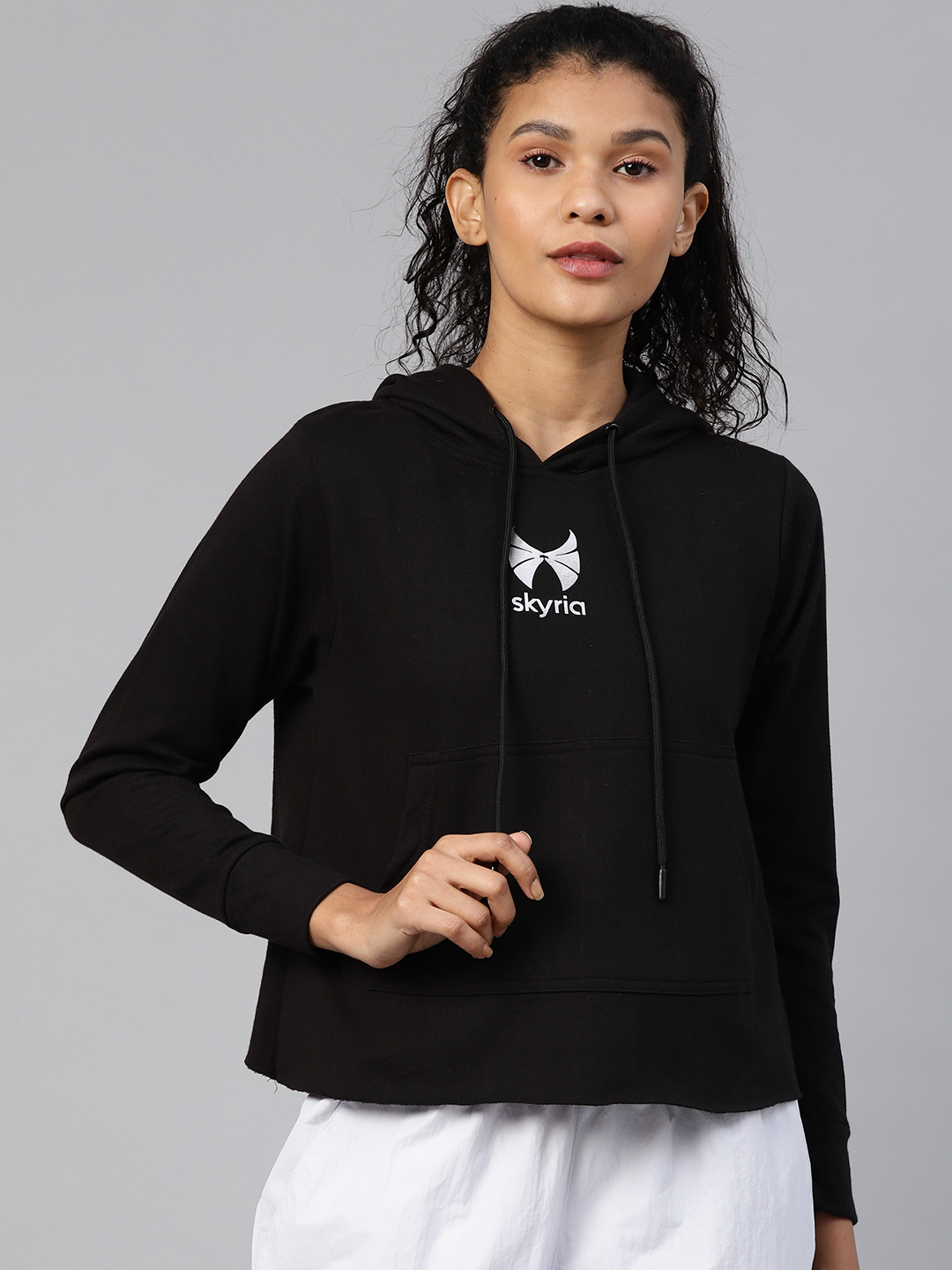 skyria Women Black Solid Styled Back Workout Hooded Sweatshirt