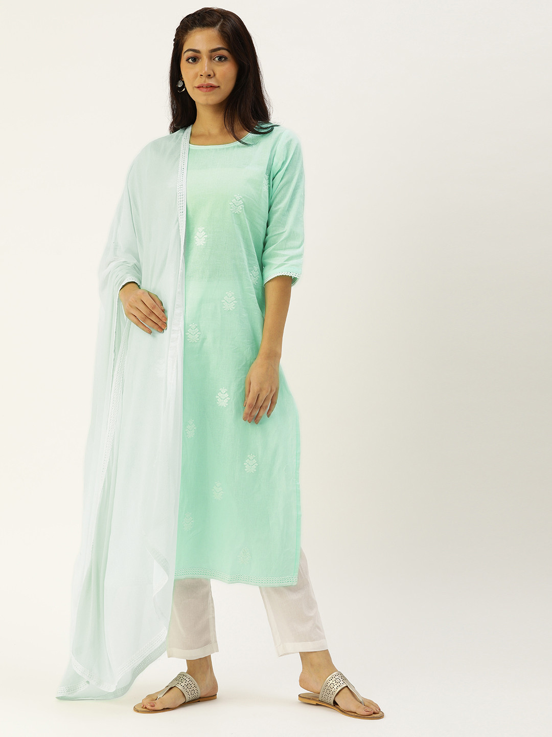 CATCHY Women Blue & White Embroidered Kurta with Trousers & Dupatta