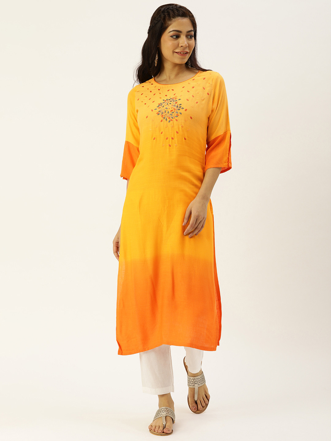 CATCHY Women Mustard Yellow Embroidered Yoke Design Ombre Straight Kurta