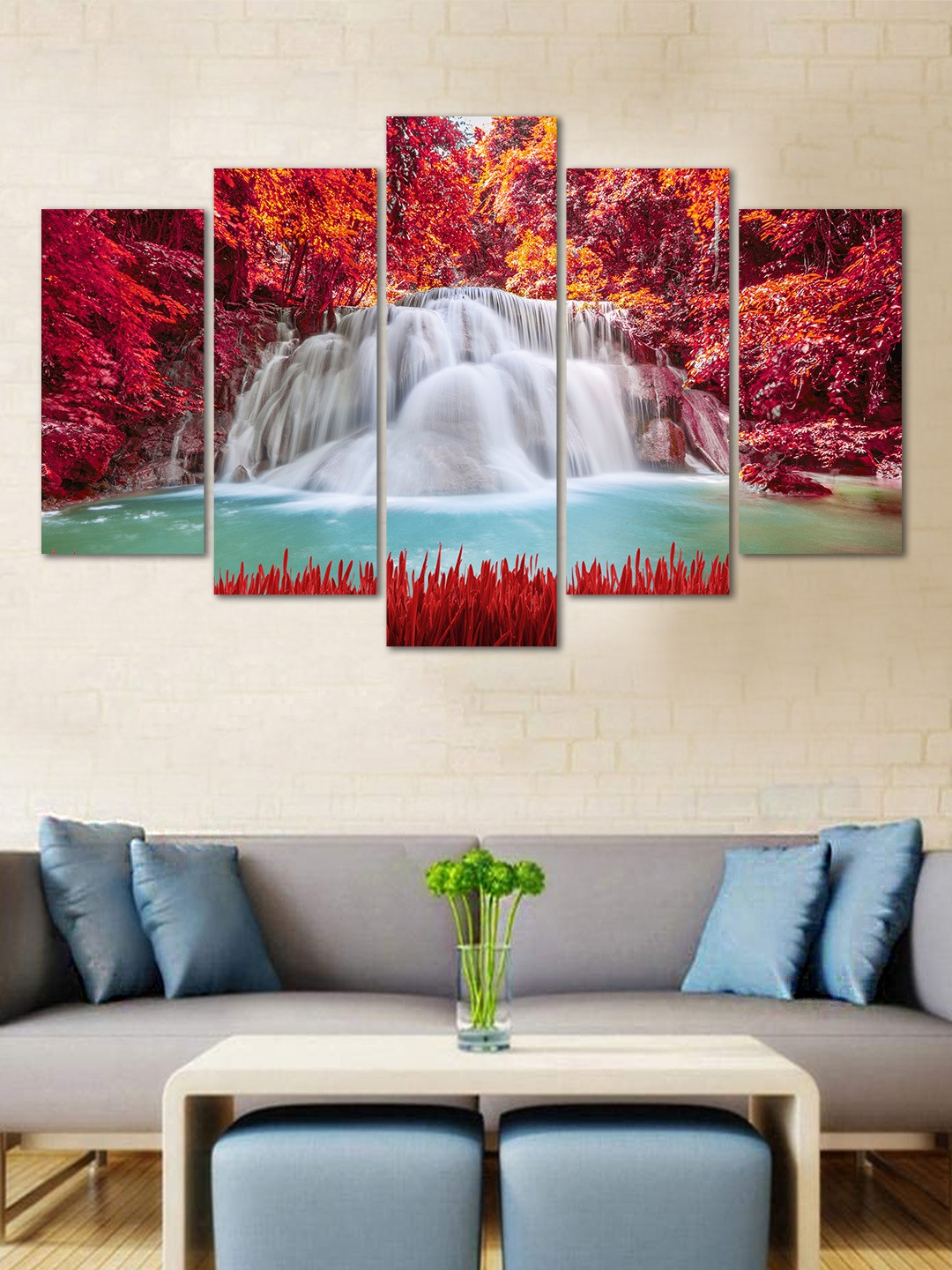 WENS Red & White Waterfall View Velvet Laminated 5 Panelled Wall Art
