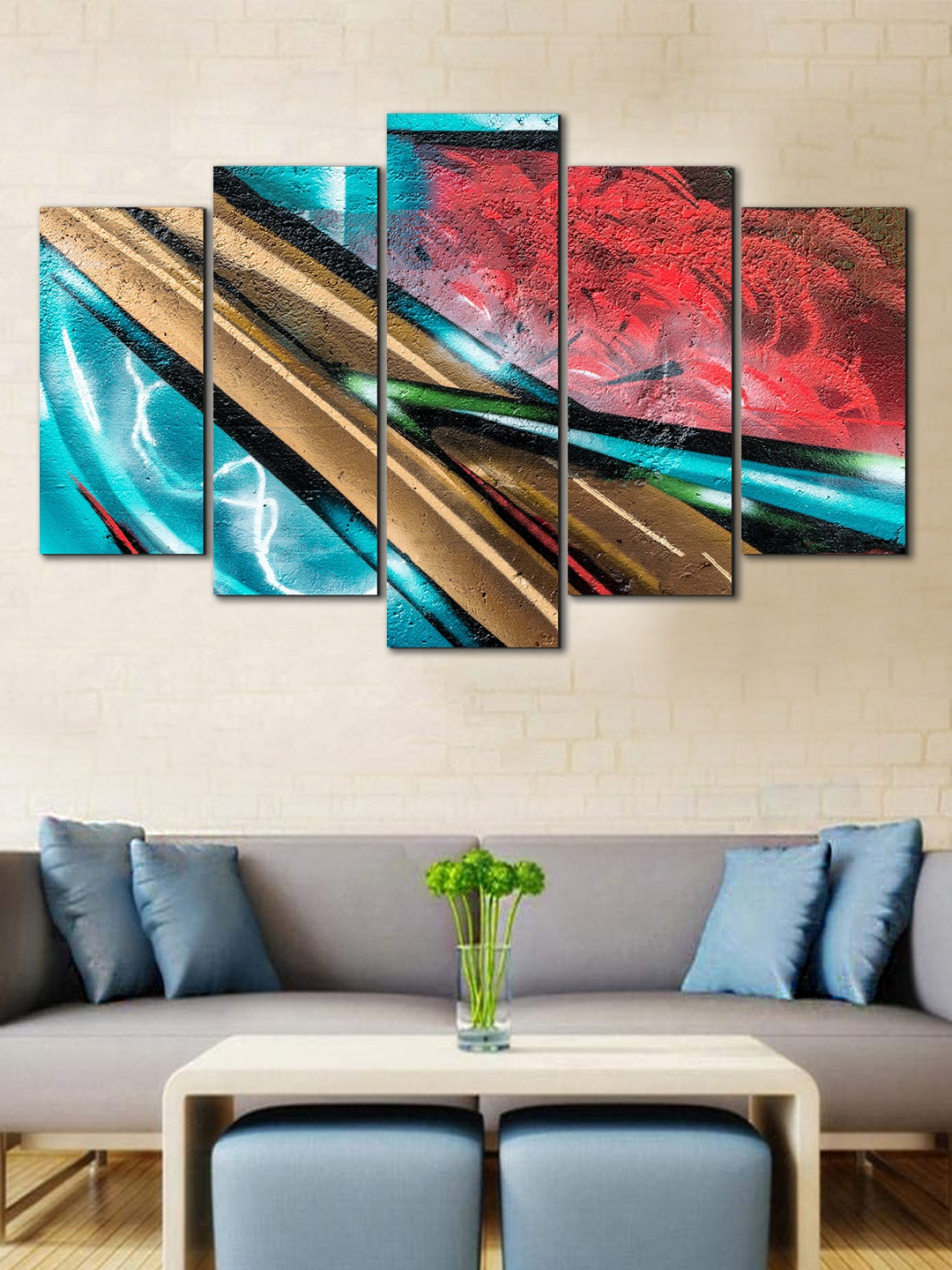 WENS Blue & Red Abstract Velvet Laminated 5 Panelled Wall Art
