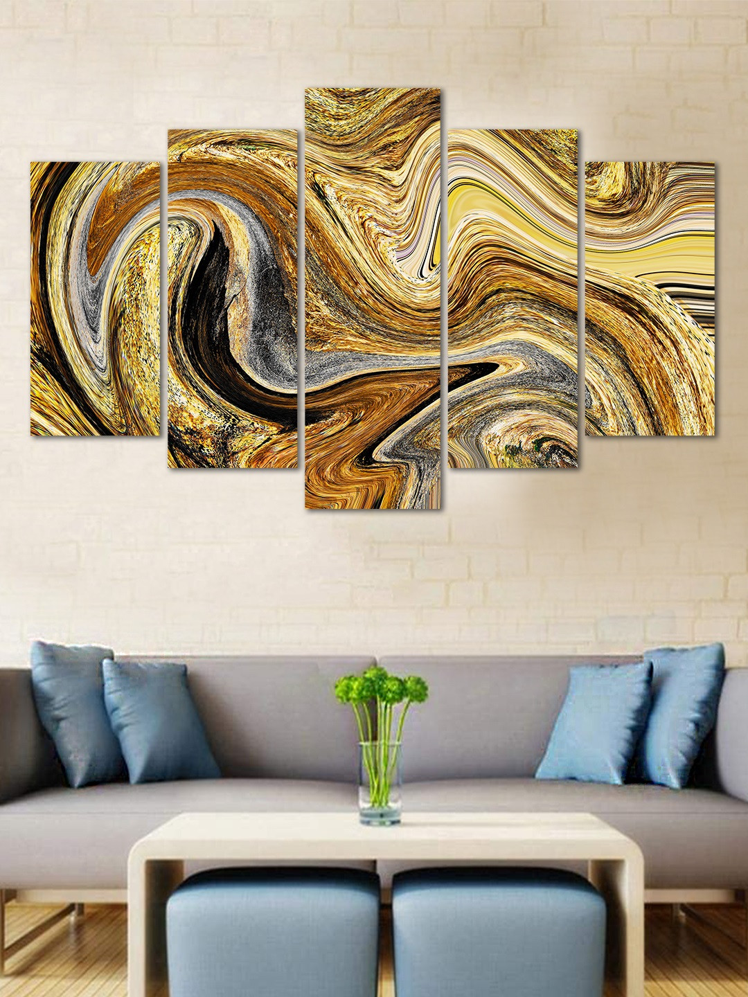 WENS Brown & Grey Abstract Velvet Laminated 5 Panelled Wall Art