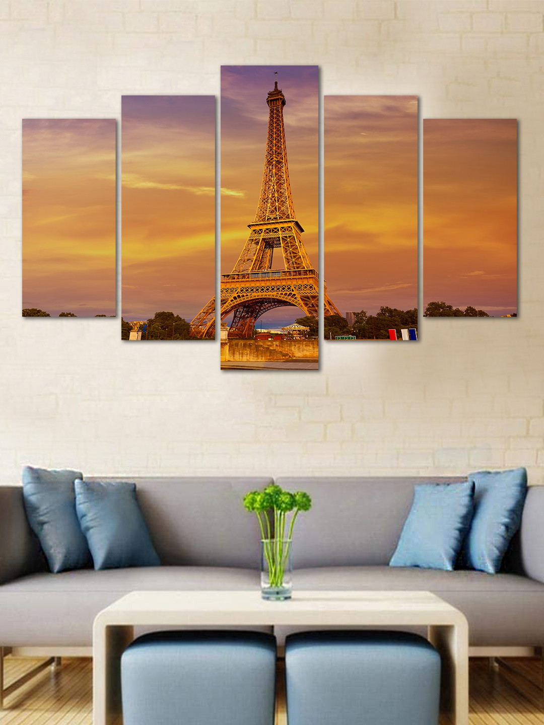 WENS Orange & Purple Eiffel Tower Velvet Laminated 5 Panelled Wall Art
