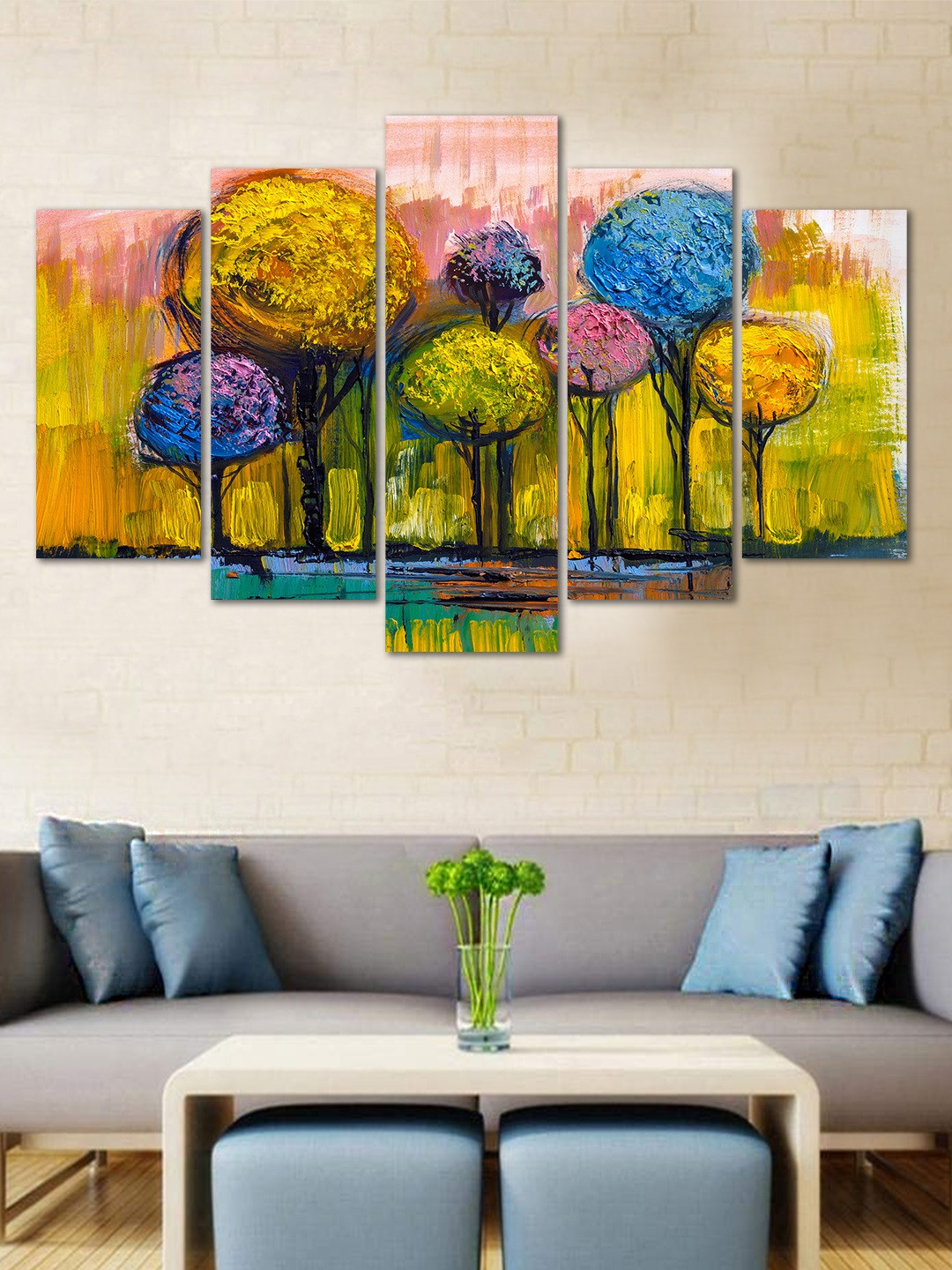 WENS Green MDF 5 Pcs Wall Living Room Rectangle Potrait Paintings Wall Art -24 x 8In