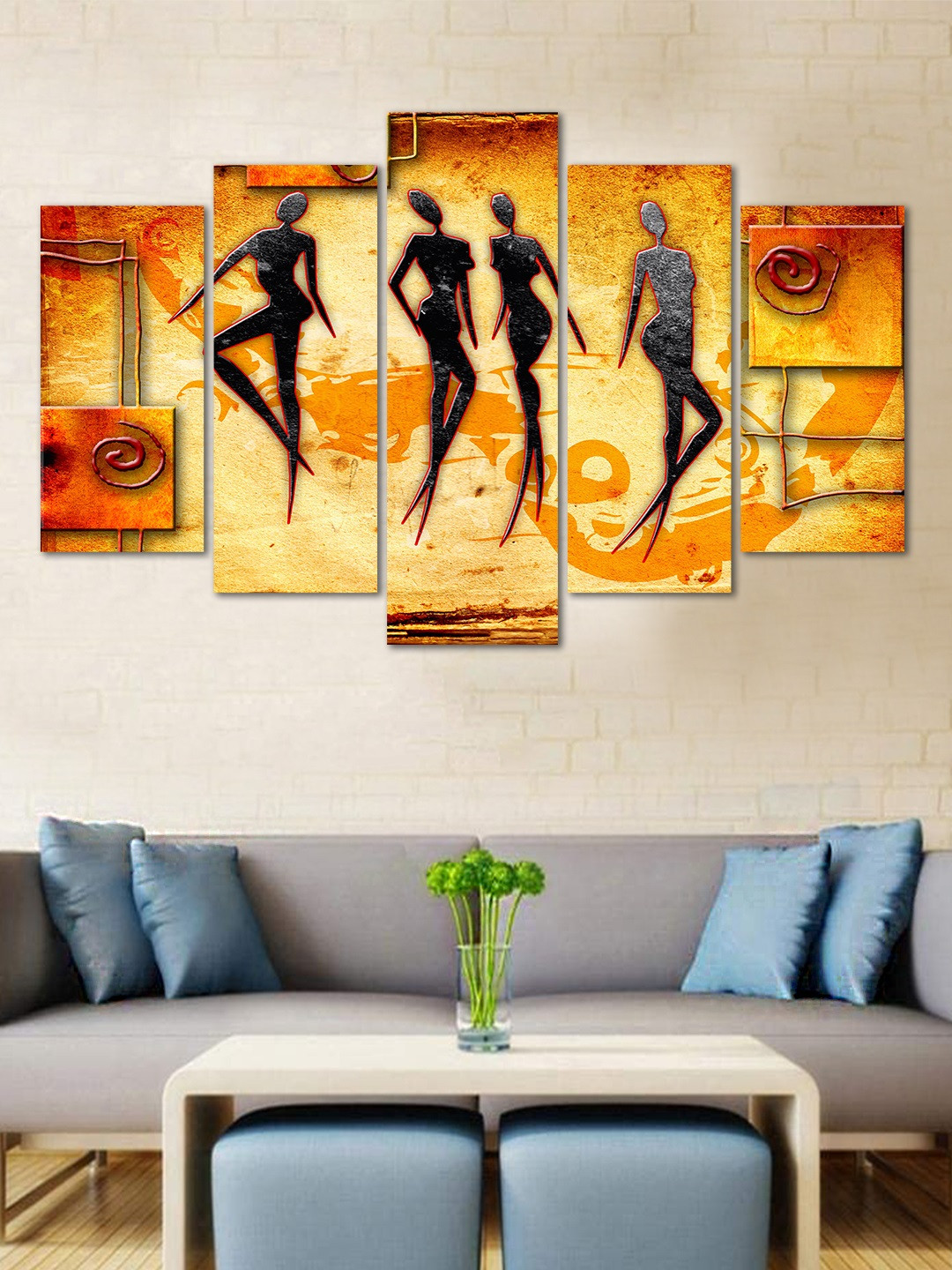 WENS Beige & Orange Modern Art Velvet Laminated 5 Panelled Wall Art