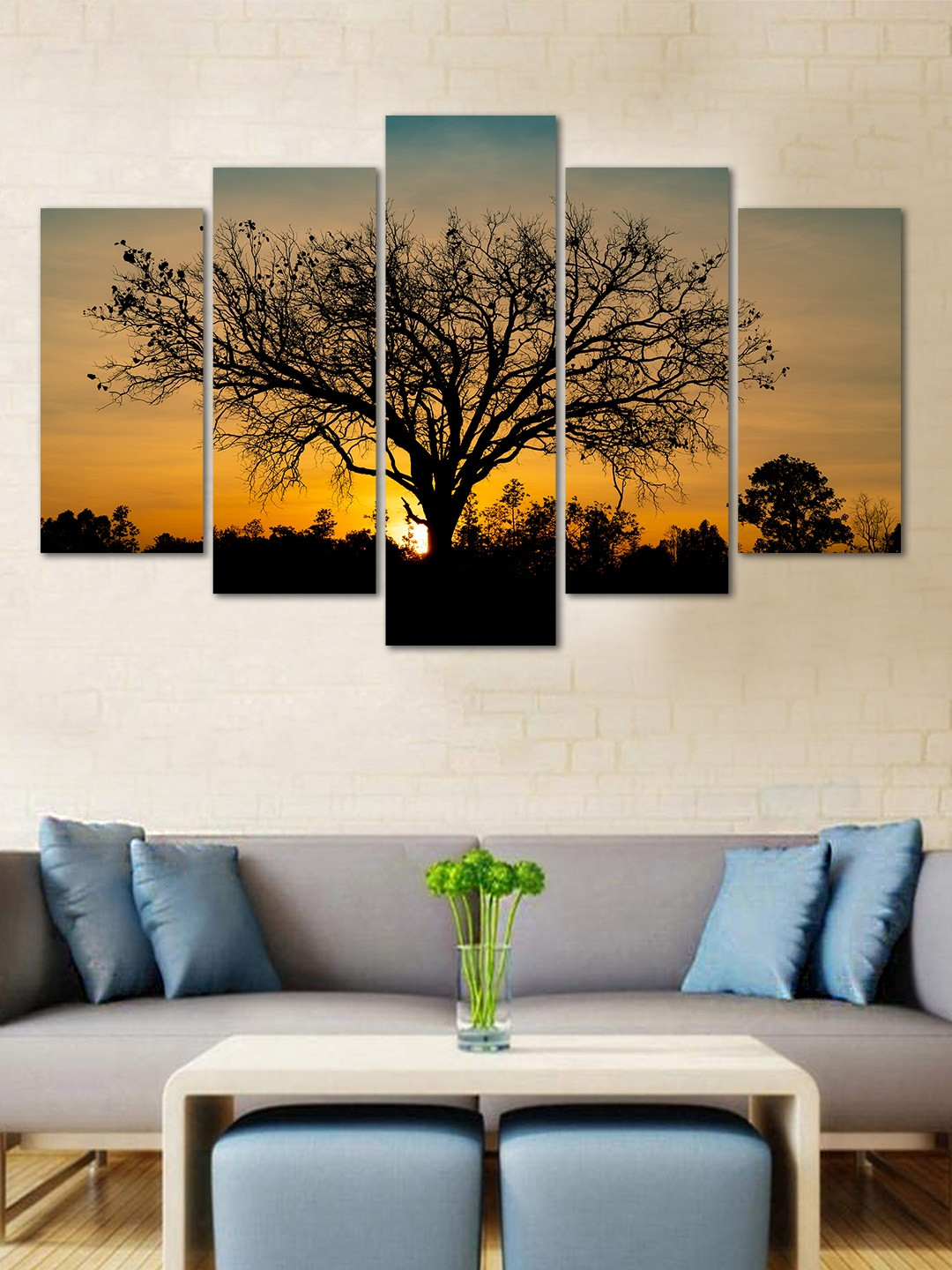 WENS Black & Yellow Sun Rise Tree Reflection 5 Panelled Velvet Laminated Wall Art