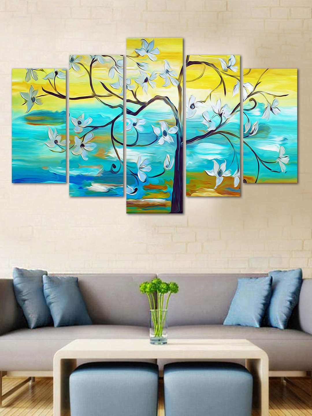 WENS Blue & Yellow Tree 5 Panelled Velvet Wall Art