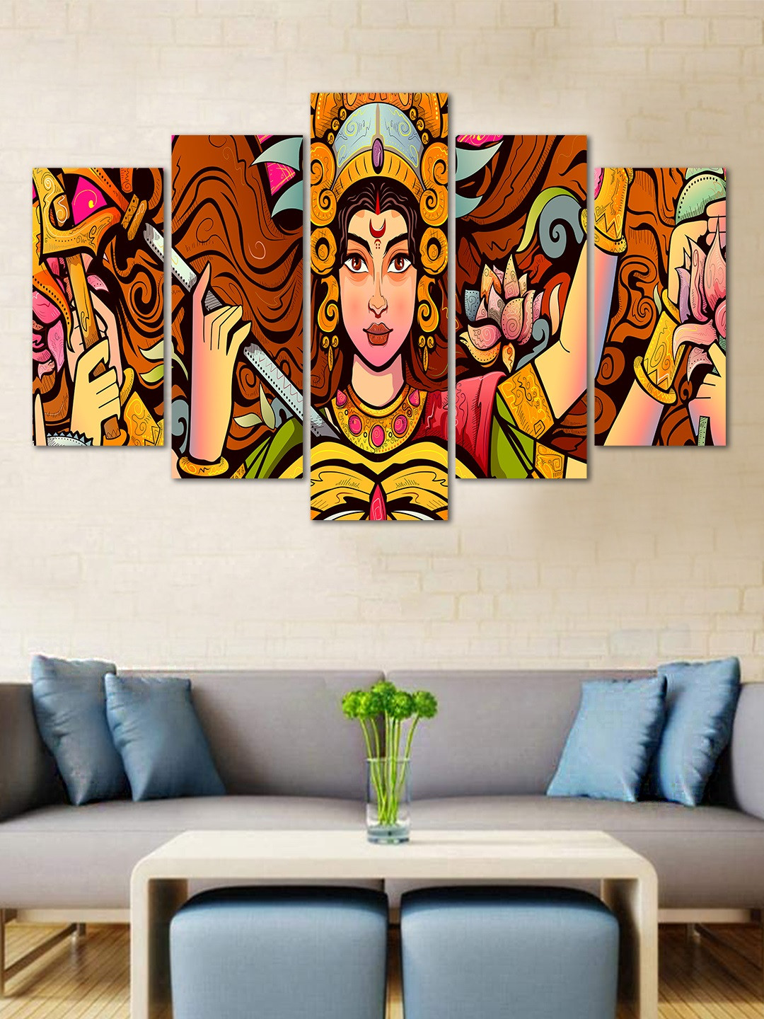WENS Brown & Yellow Durga Maa 5 Panelled Velvet Laminated Wall Art