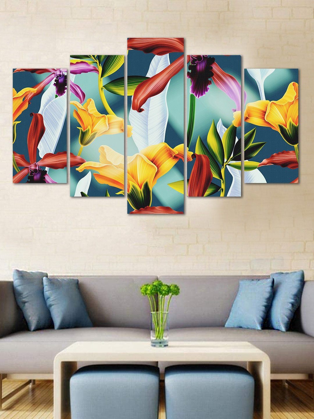 WENS Blue & Yellow Floral 5 Panelled Velvet Framed Wall Art