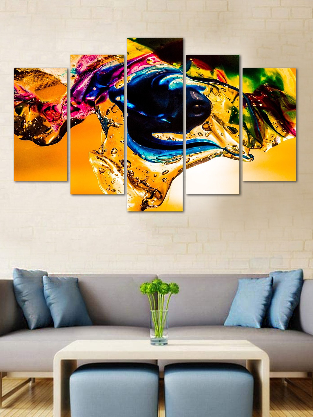 WENS Yellow & Blue Abstract Velvet Laminated 5 Panels Framed Wall Art