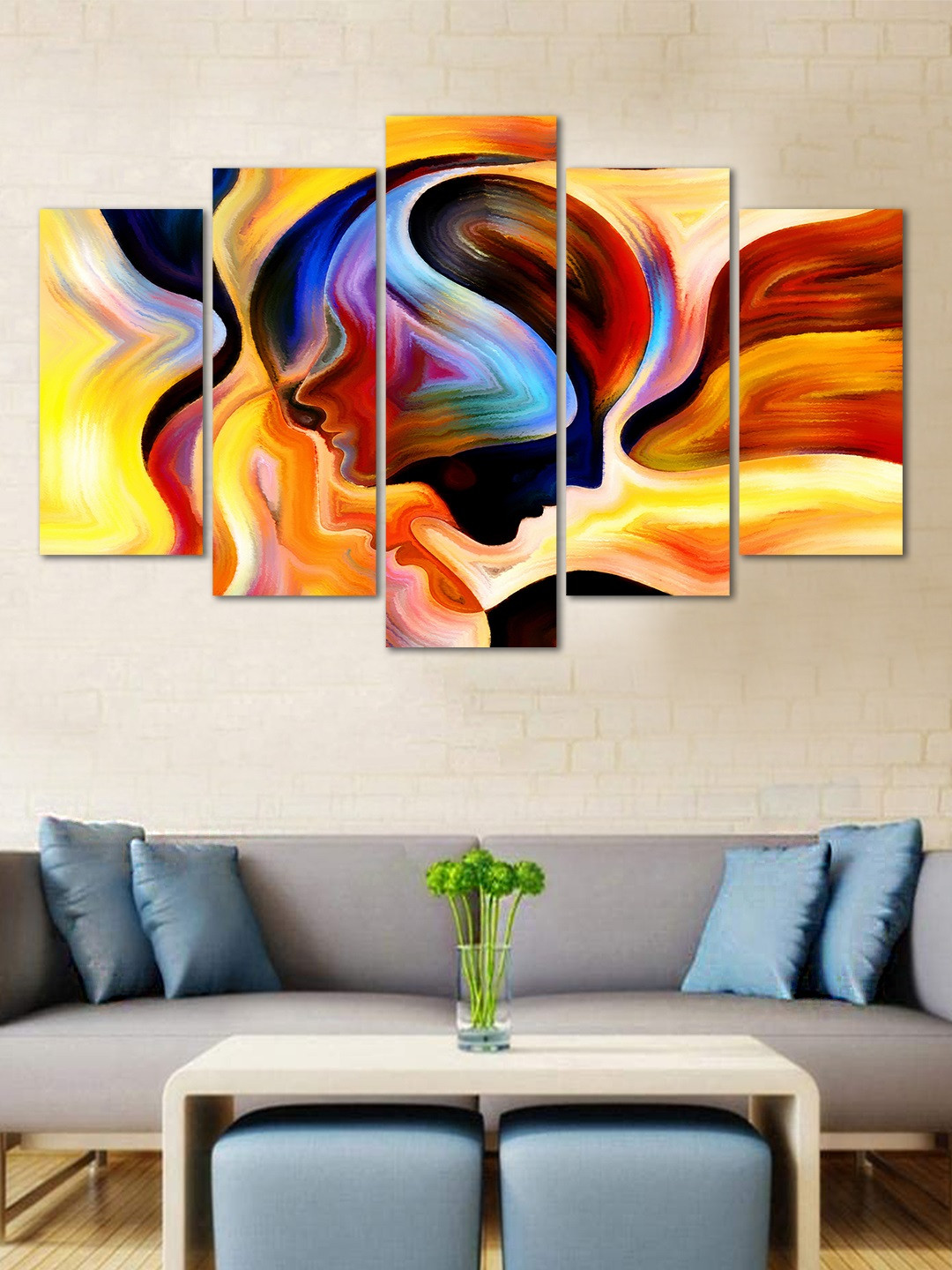 WENS Yellow & Red Abstract Velvet Laminated 5 Panels Framed Wall Art