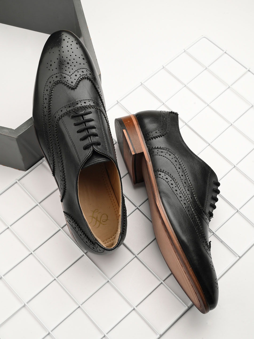 House of Pataudi Men Black Leather Handcrafted Formal Brogues