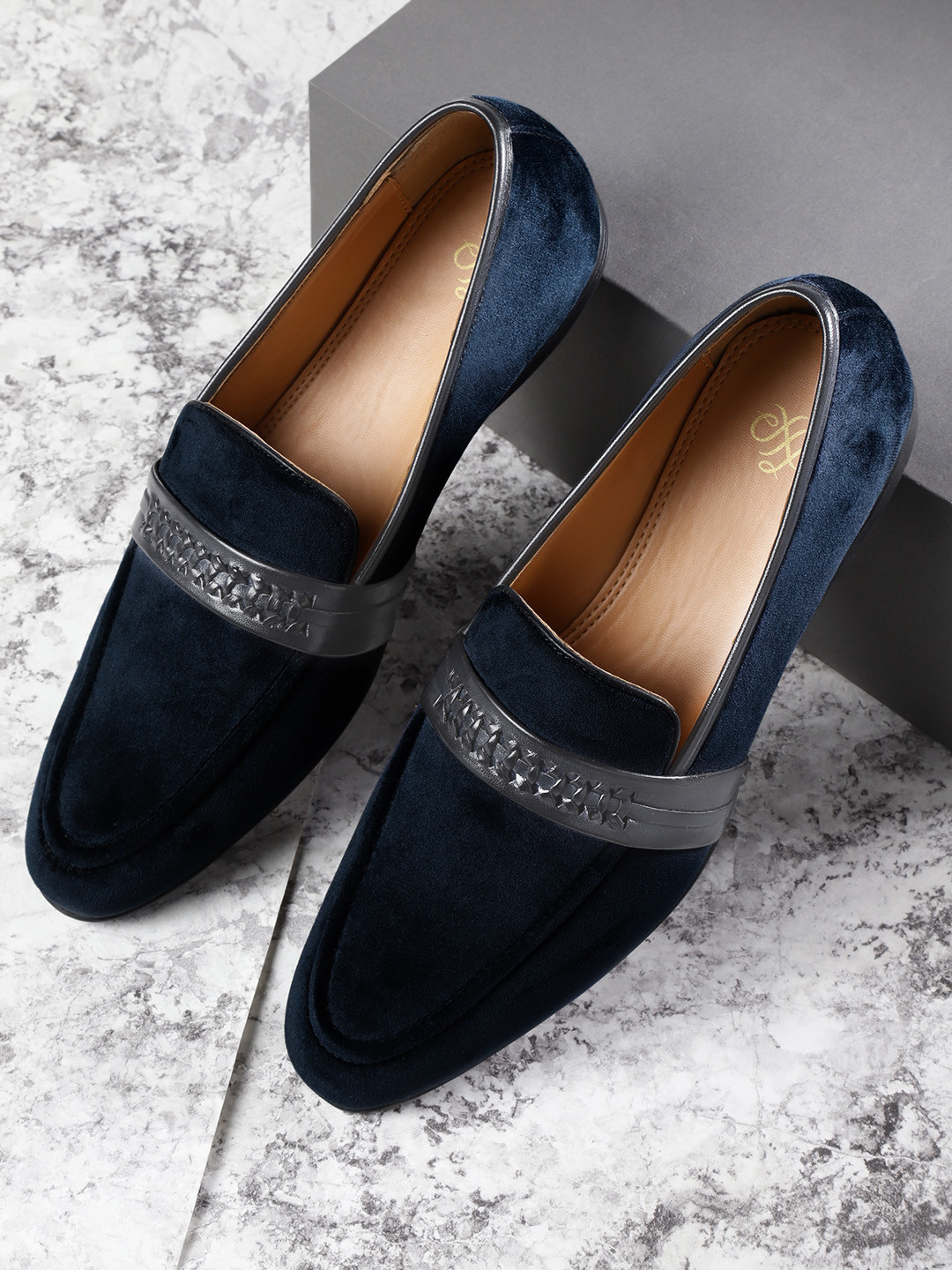 House of Pataudi Men Navy Velvet Finish Handcrafted Slip-Ons