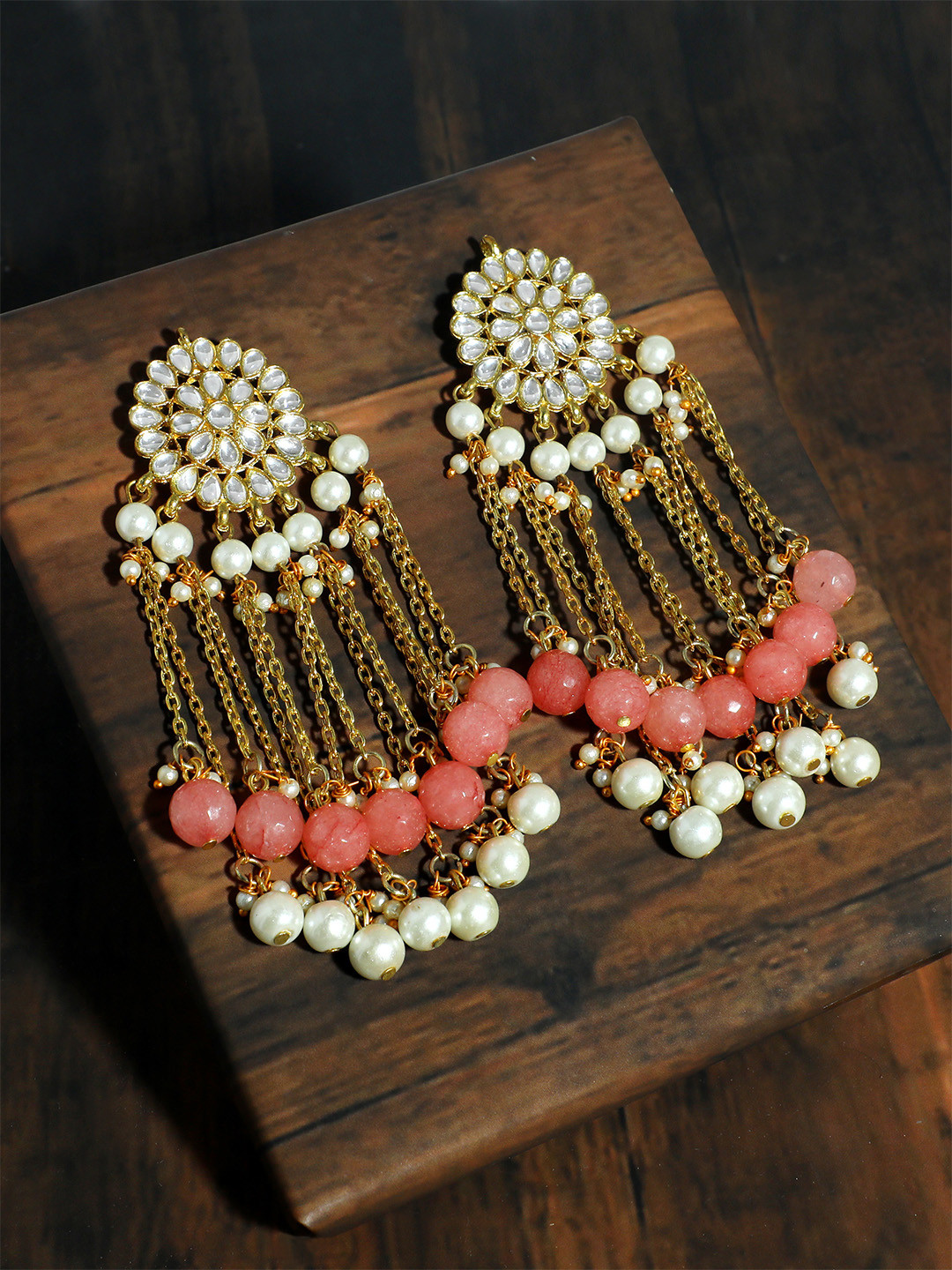 KARATCART Gold-Plated & Pink Circular Drop Earrings