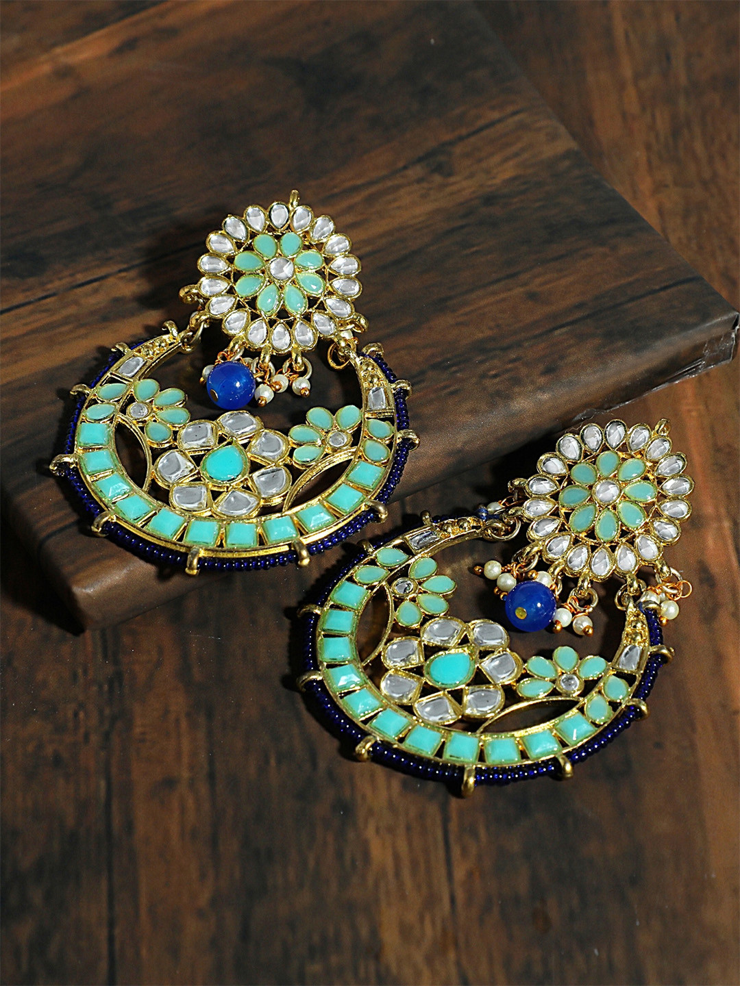 KARATCART Sea Green & Blue Crescent Shaped Chandbalis