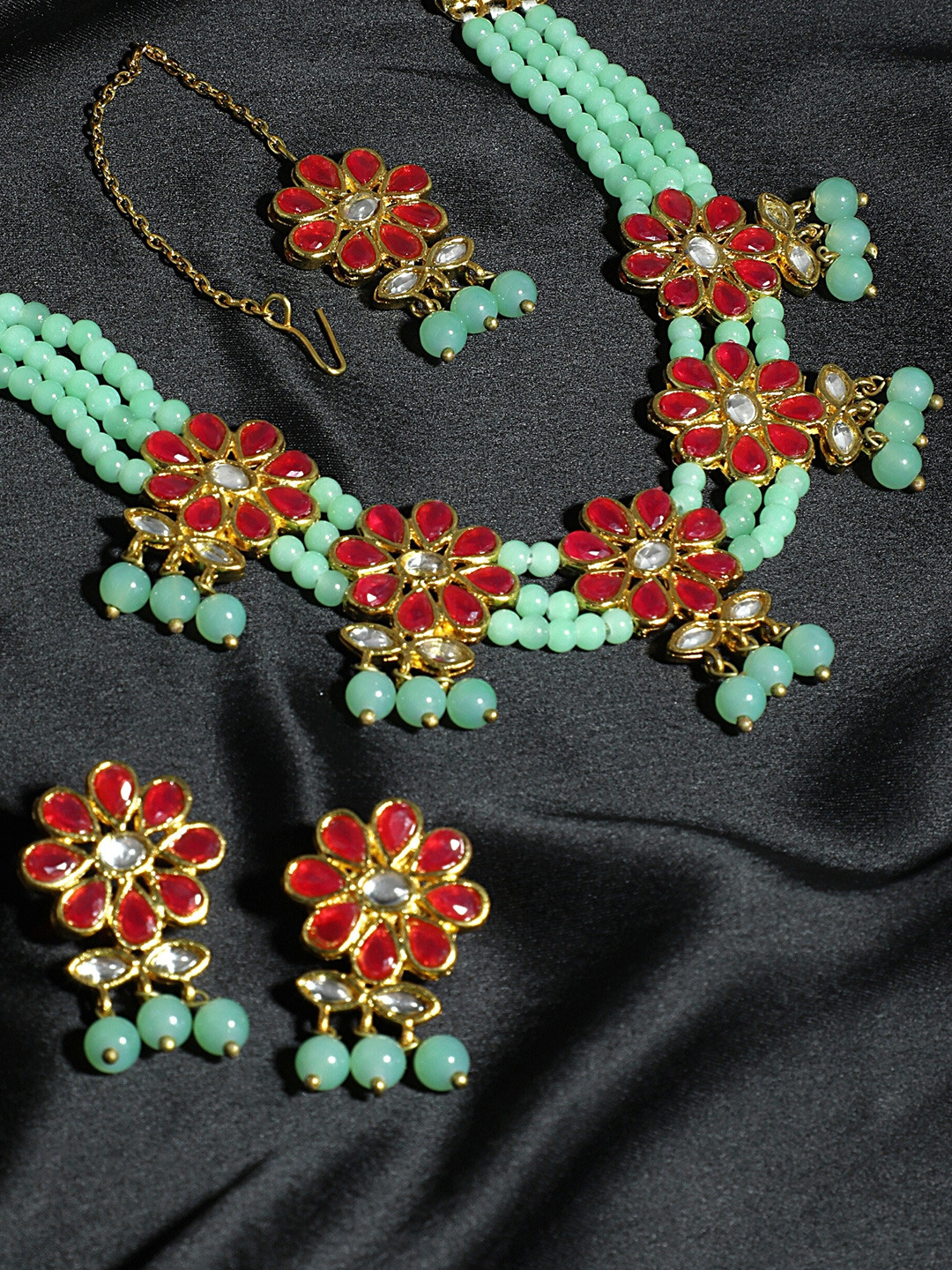 KARATCART Gold-Plated Lime Green & Red Kundan-Studded Beaded Handcrafted Jewellery Set