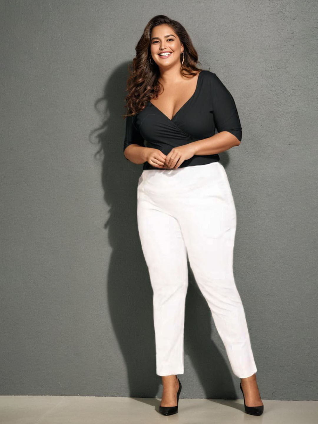 Amydus Women Plus Size White Regular Fit Solid Regular Trousers