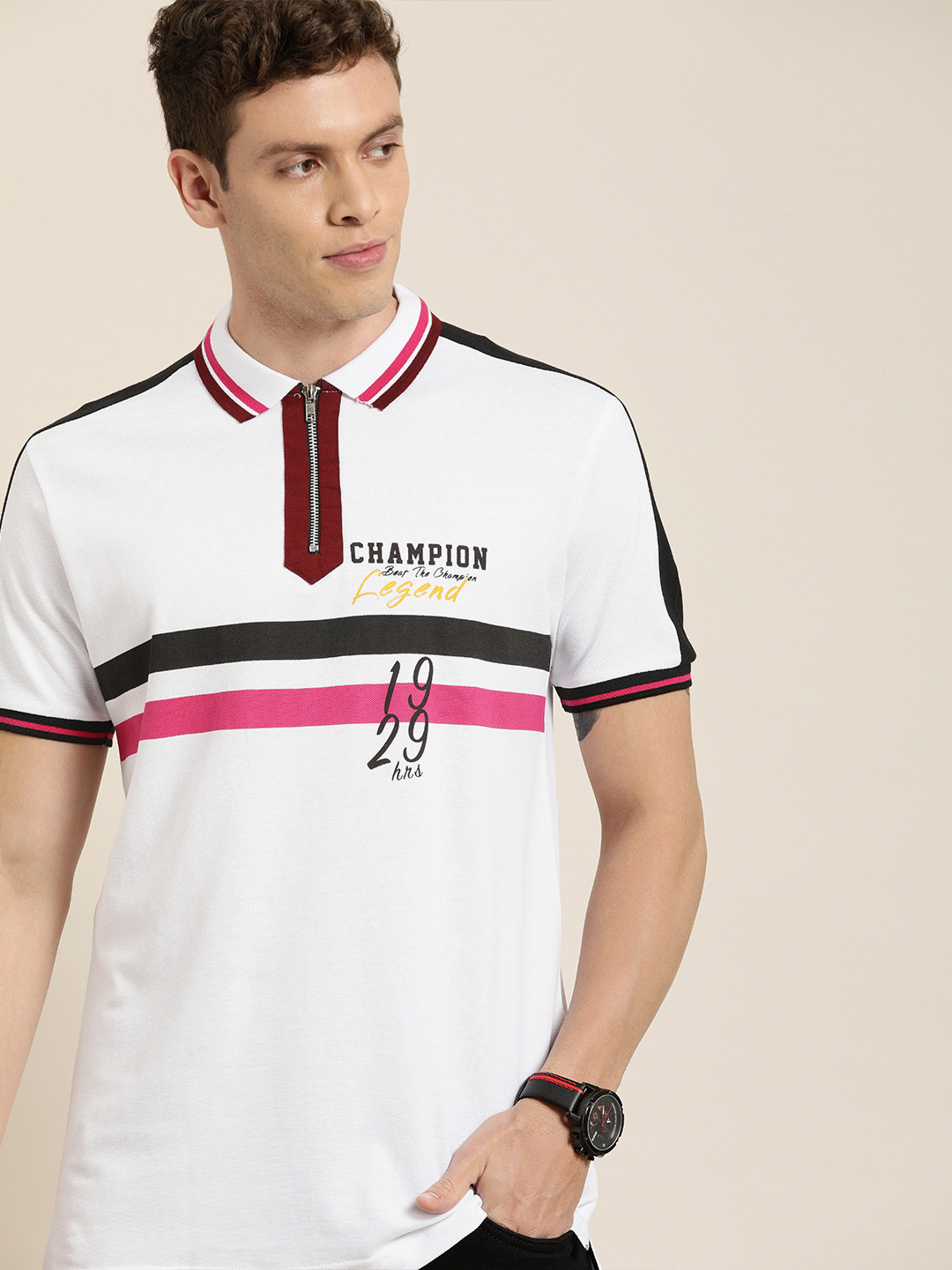 Moda Rapido Men White Striped Polo Collar Pure Cotton T-shirt with Print detail