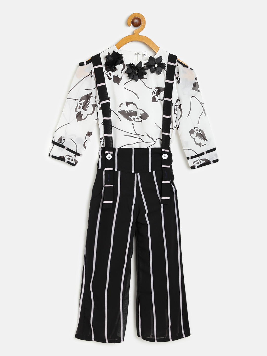 AD & AV Girls Black & White Printed Top & Striped Trousers with Attached Suspenders