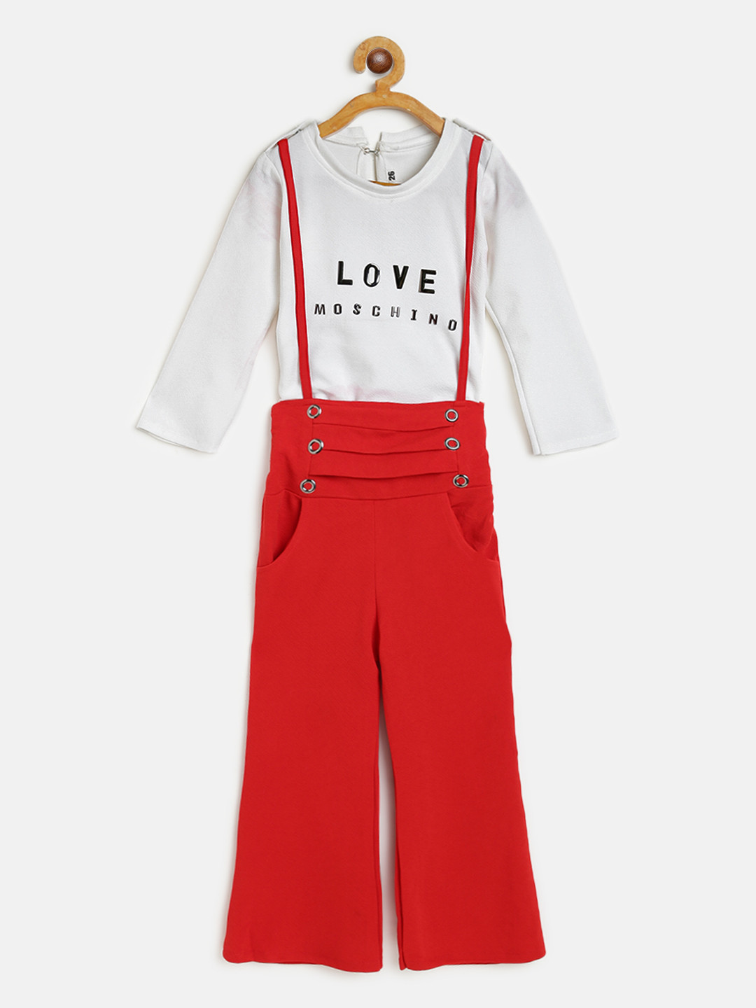 AD & AV Girls Red & White Printed Co-Ord Set with Attached Suspenders