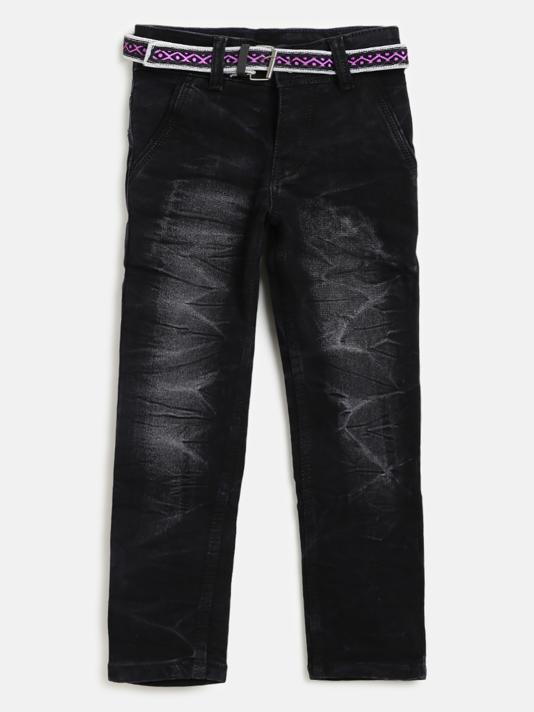 AD & AV Boys Black Regular Fit Mid-Rise Clean Look Stretchable Jeans with Belt