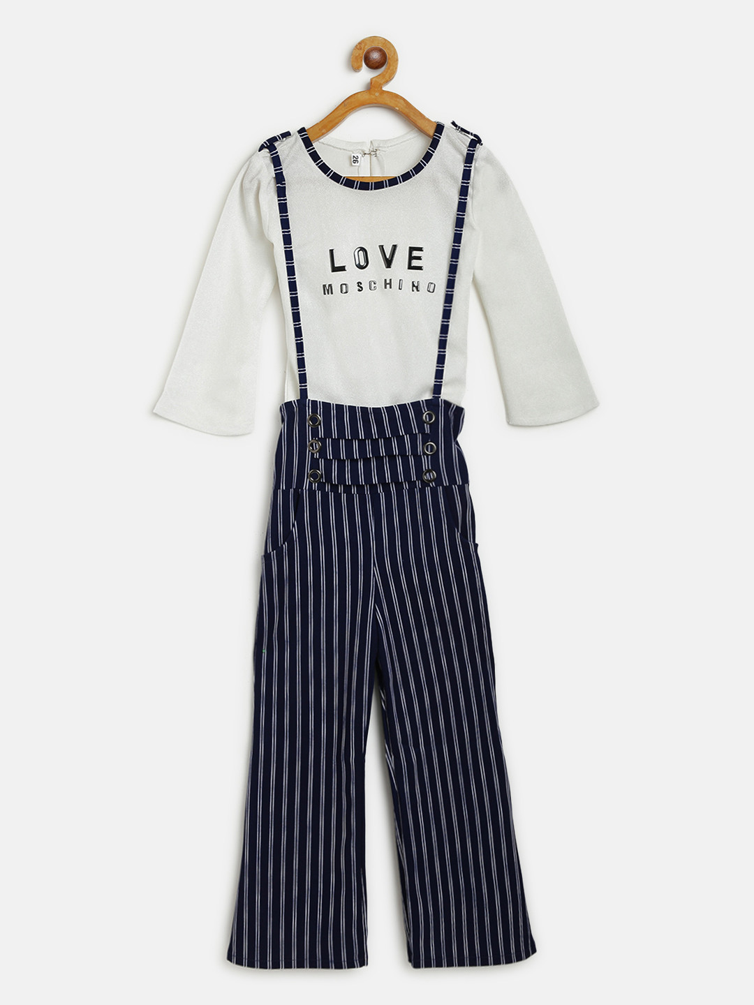 AD & AV Girls Navy Blue & White Solid Top & Striped Trousers with Attached Suspenders