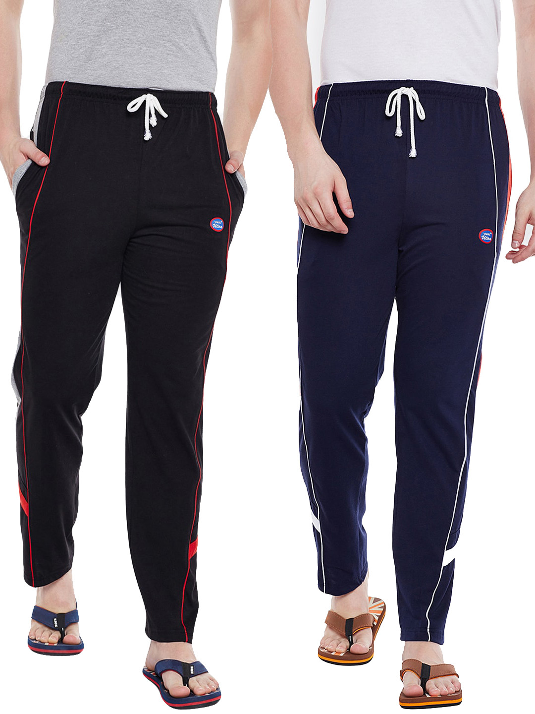 MACK JONNEY Men Set Of 2 Black And Navy Blue Solid Lounge Pants