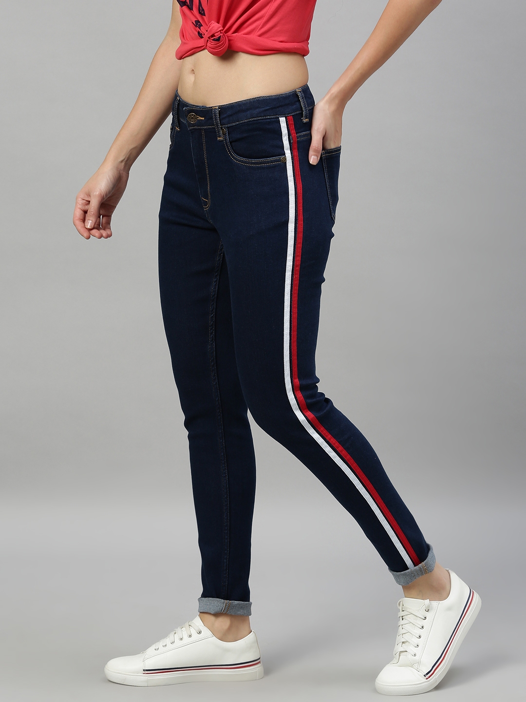 Enviously Young Women Blue Slim Fit Mid Rise Clean Look Stretchable Side Striped Jeans