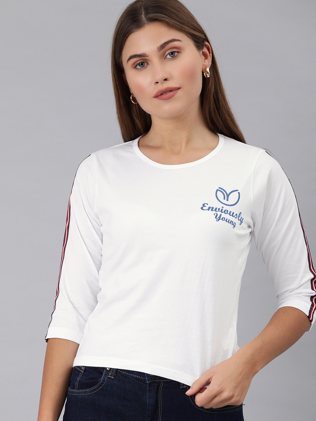 Enviously Young Women White Printed Round Neck T shirt with Side Stripes