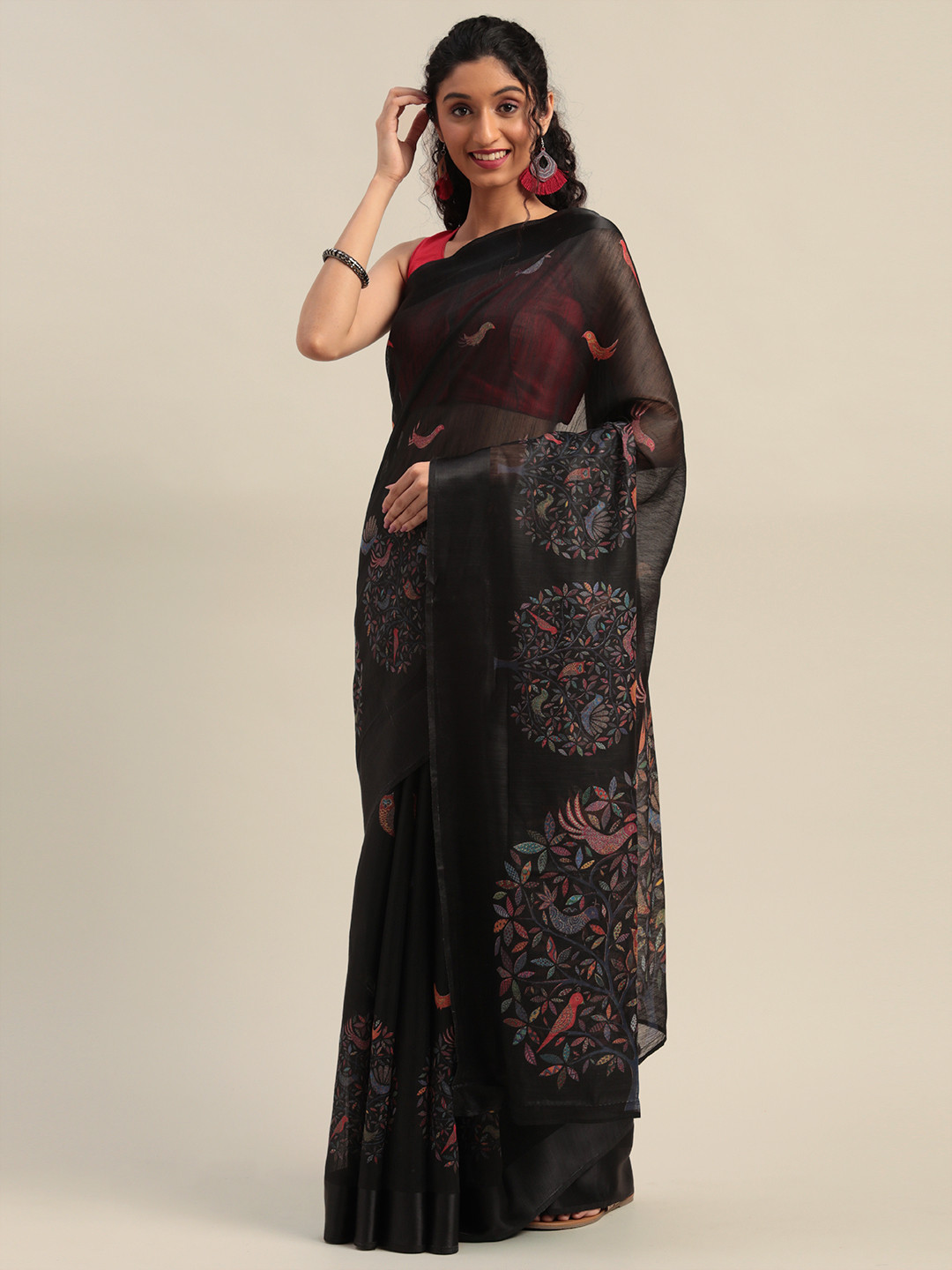 KALINI Black & Orange Polycotton Printed Saree