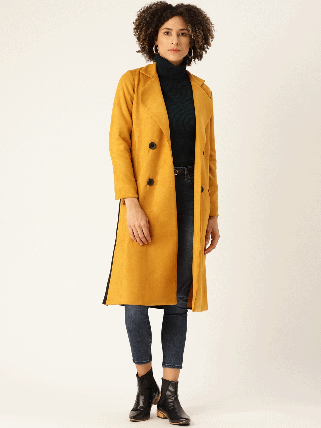 WoowZerz Women Mustard Yellow & Black Suede Finish Colourblocked Knee  Length Overcoat
