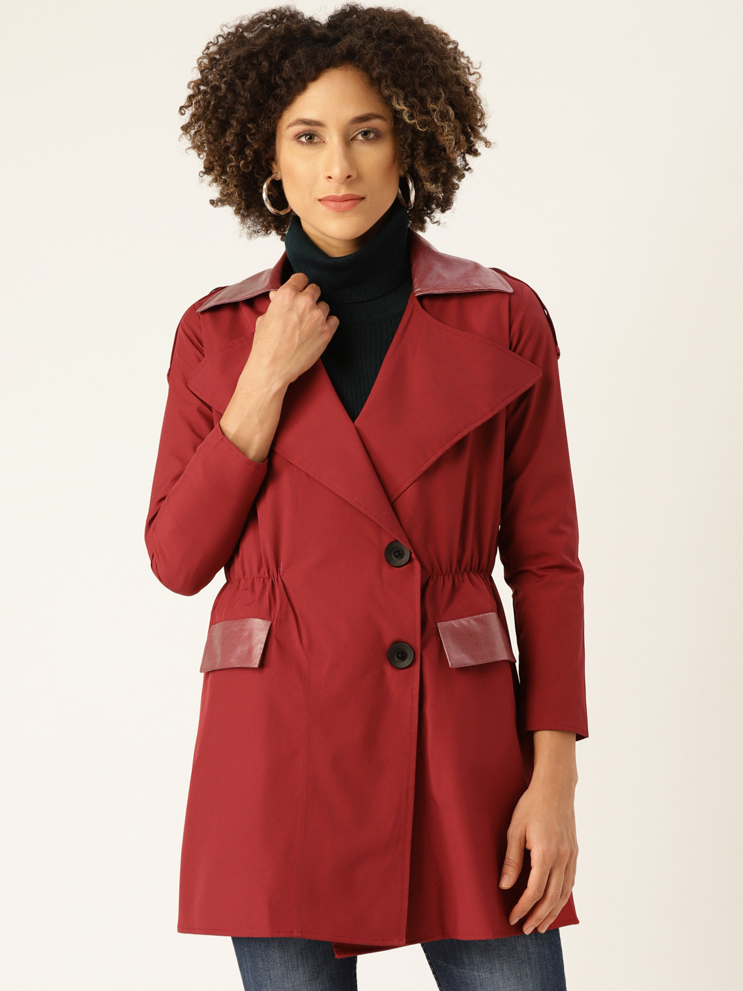 WoowZerz Women Maroon Slim Fit Solid Hip Length Trench Coat