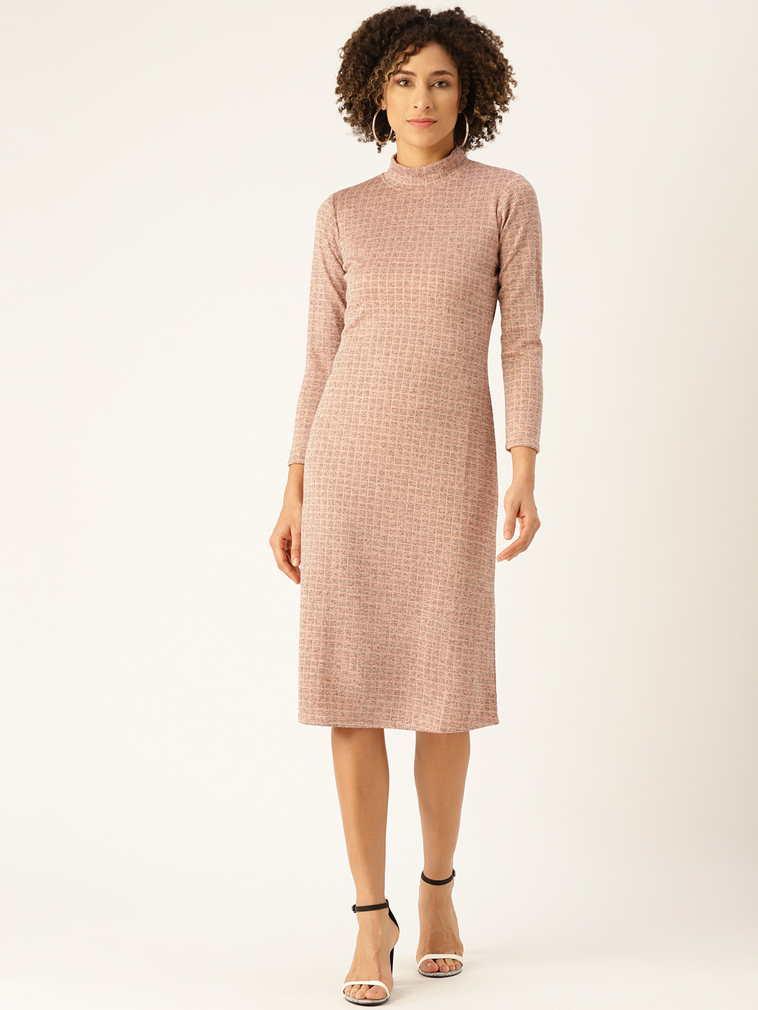 WoowZerz Women Peach-Coloured & Grey Self Checked Slim Fit Jumper Dress