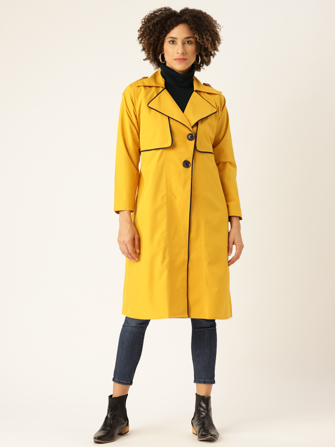 WoowZerz Women Mustard Yellow Slim Fit Solid Knee Length Trench Coat