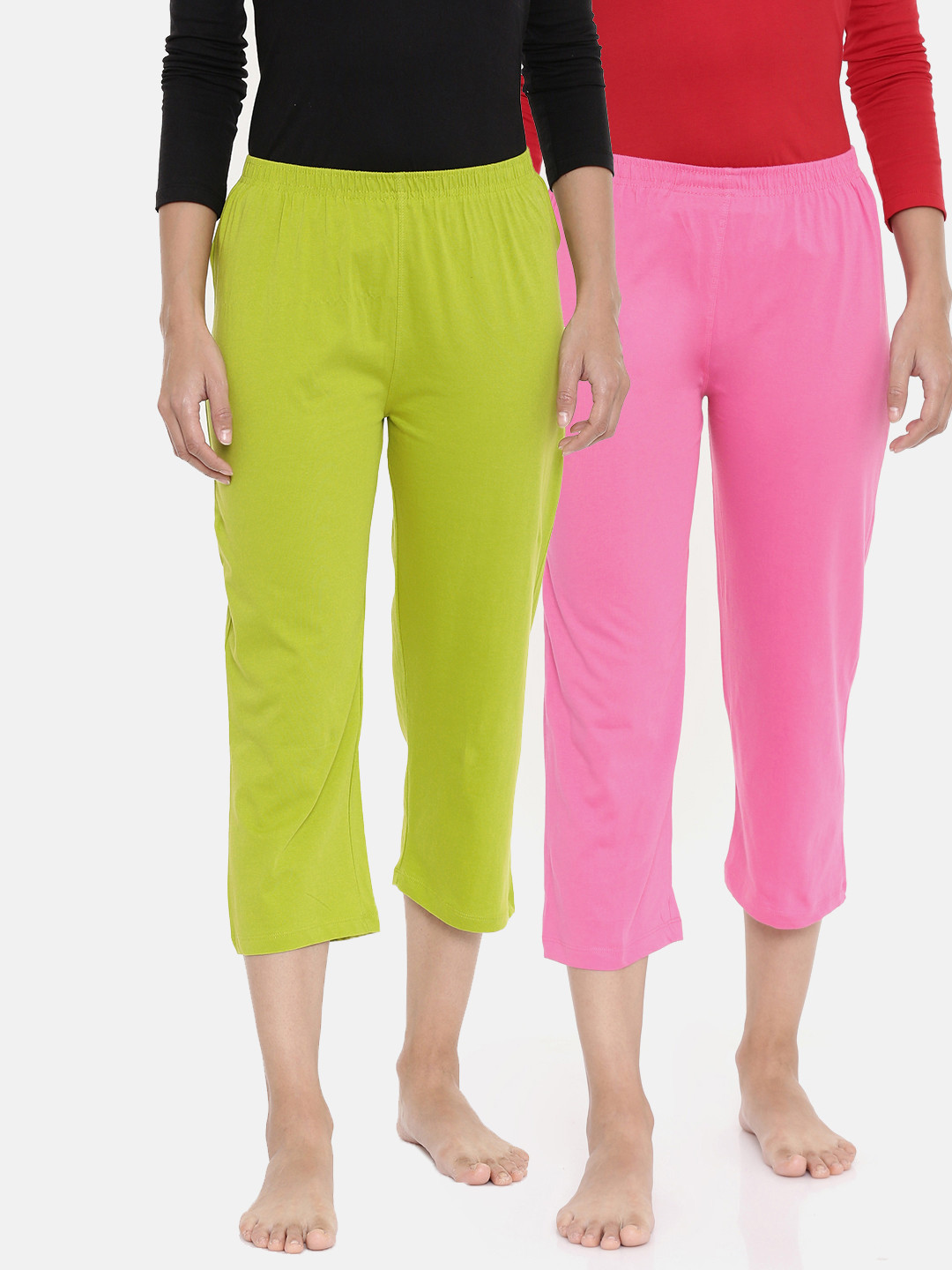 zebu Women Lime Green & Pink Solid Regular Fit Capris